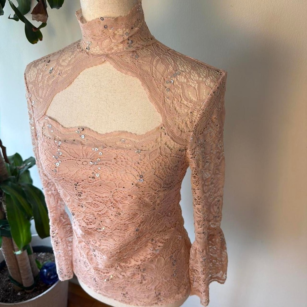 Venus Pink Lace Sequin Fairycore Mock Neck Bell Sleeve Top Size 4 Small - Picture 3 of 7